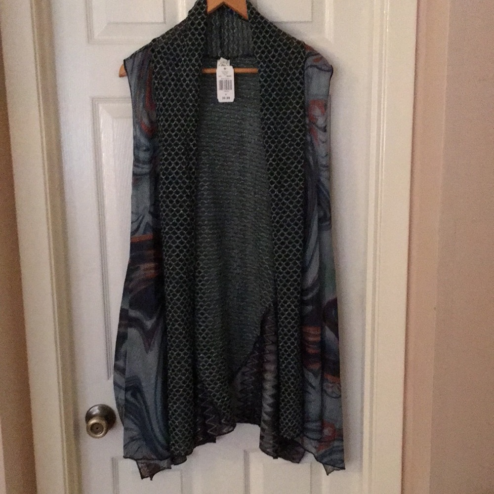 Sleeveless cardigan. Multi-colored with teals and blues. - Picture 2 of 11